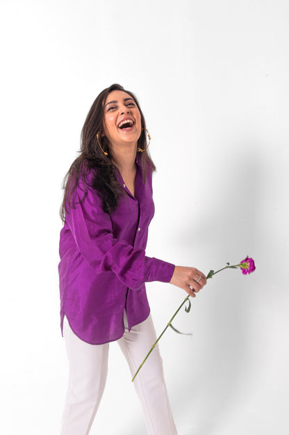 Dark Purple Mulberry Silk Shirt in Full Sleeves
